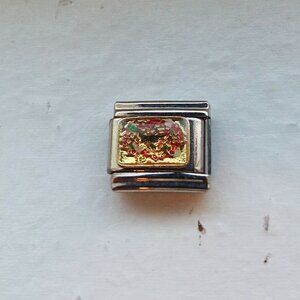 Holiday wreath on gold enamel 9mm stainless steel Italian charm bracelet link